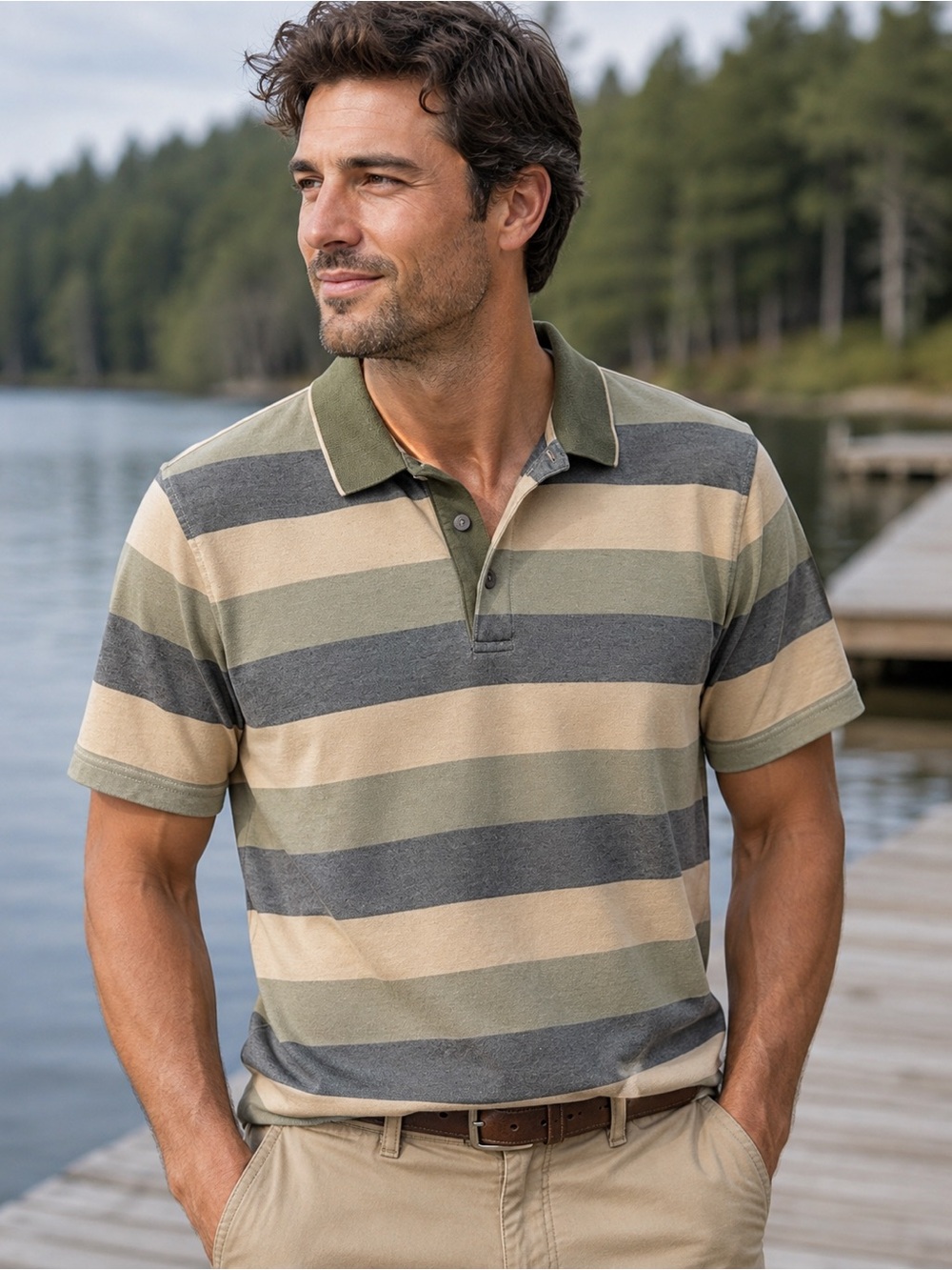 ALFANI Men's Striped Polo Olive Cream Denin Blue Sz L Golf Casual Comfy Classic